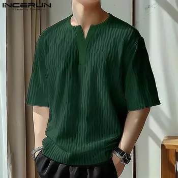 INCERUN Мужские Текстурные Футболки С Коротким Рукавом Повседневные Полосатые Топы S коричневый