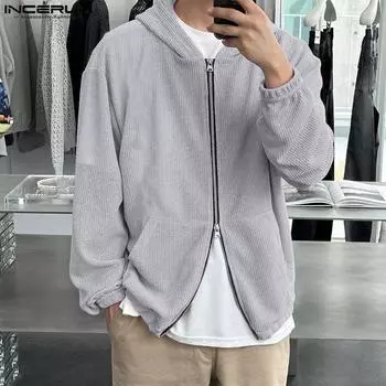 INCERUN мужские толстовки на молнии с длинными рукавами и капюшоном