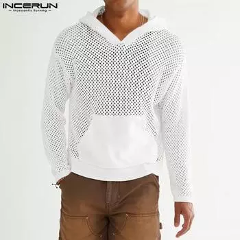 INCERUN Мужские толстовки с длинным рукавом и капюшоном с вырезом S белый