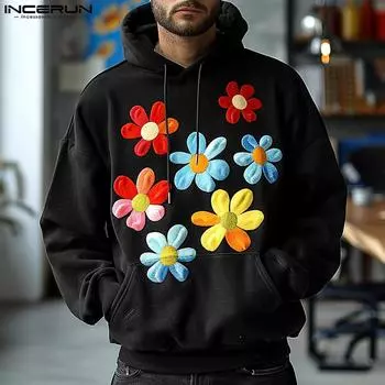 INCERUN Мужские толстовки с длинным рукавом и цветочным принтом в стиле пэчворк Повседневные пуловеры Свитшоты