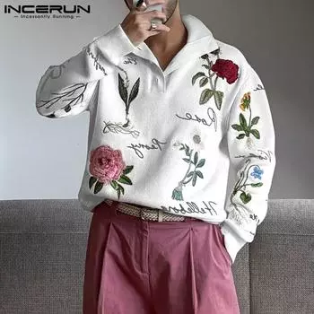 INCERUN Мужские толстовки с длинным рукавом и цветочным принтом, гладкие, повседневные, свободные, с капюшоном S белый