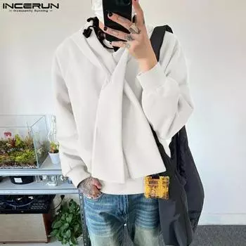 INCERUN Мужские толстовки с капюшоном и длинным рукавом, свободные, повседневные, со шнуровкой L