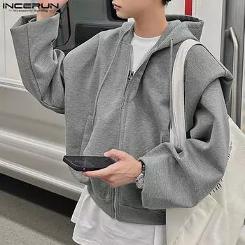 INCERUN Мужские толстовки с капюшоном на молнии и длинными рукавами