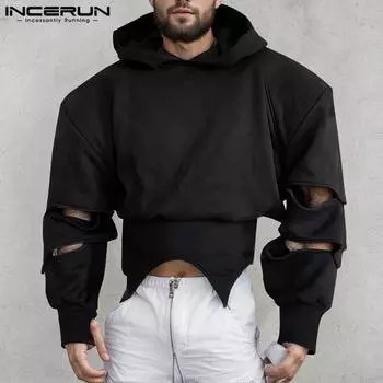 INCERUN Мужские толстовки с капюшоном с длинным рукавом, короткие топы 4XL чёрный