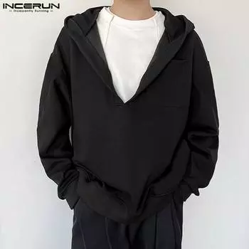 INCERUN Мужские толстовки с капюшоном с V-образным вырезом и длинным рукавом, осенние свободные толстовки с капюшоном и карманами S чёрный