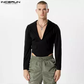 INCERUN мужские тонкие комбинезоны с длинным рукавом и глубоким V-образным вырезом, боди