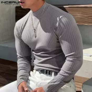 INCERUN Мужские тонкие майки в полоску с длинными рукавами и топами S фиолетовый