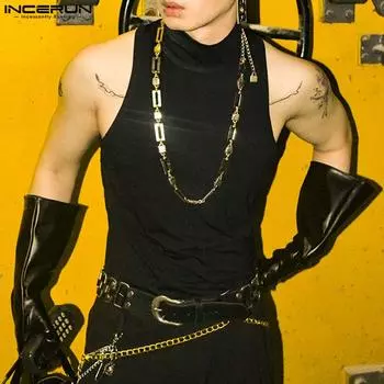 INCERUN Мужские тонкие однотонные майки без рукавов с высоким воротником