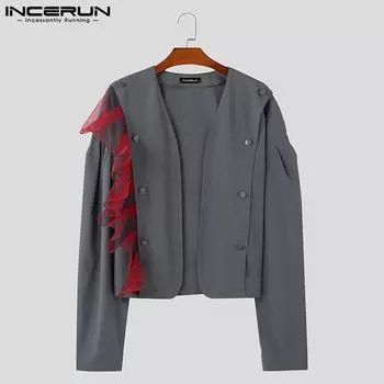 INCERUN Мужские тонкие пальто с длинным рукавом из сетчатой ткани в стиле пэчворк с открытым передом M чёрный