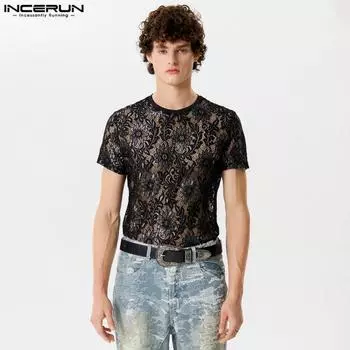INCERUN Мужские футболки с коротким рукавом, кружевом, вязанным крючком, с цветочным принтом, тонкие, прозрачные S чёрный
