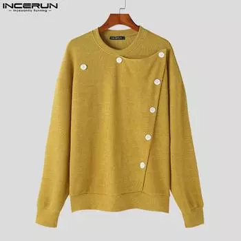 INCERUN мужские тонкие пуловеры с круглым вырезом и пуговицами с длинными рукавами