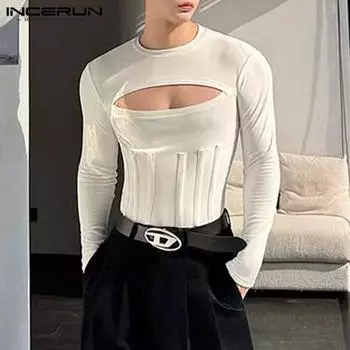 INCERUN Мужские тонкие топы для вечеринок с длинными рукавами и вырезом спереди 2XL чёрный