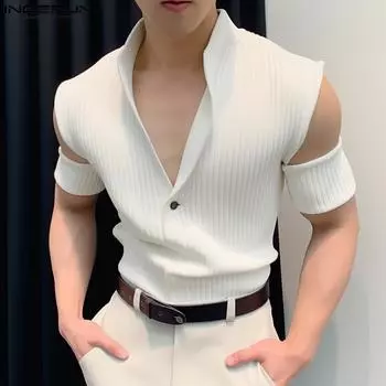 INCERUN Мужские тонкие топы с отворотом и V-образным вырезом, летняя футболка с открытыми плечами и короткими рукавами S белый