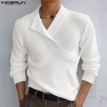 INCERUN Мужские тонкие трикотажные топы с вышивкой спереди, однотонные, с длинным рукавом, свитера XL чёрный