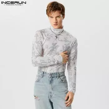 INCERUN Мужские тонкие водолазки с длинным рукавом и прозрачным боди
