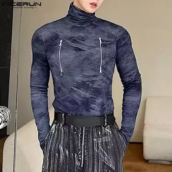 INCERUN Мужские тонкие водолазки с длинным рукавом и застежкой-молнией с принтом
