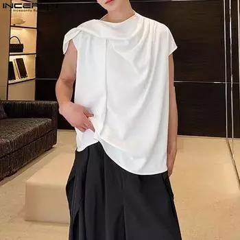 INCERUN Мужские топы без рукавов, повседневные майки с рюшами и нагрудником, жилет 2XL красный