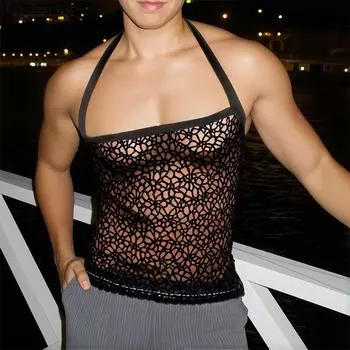 INCERUN Мужские топы без рукавов с бретельками и вырезами, прозрачные, для вечеринок и клубов S