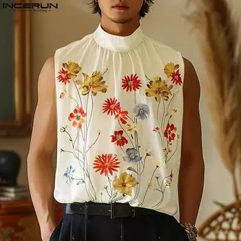 INCERUN Мужские топы без рукавов с цветочным принтом и высоким воротом, летний жилет L бежевый