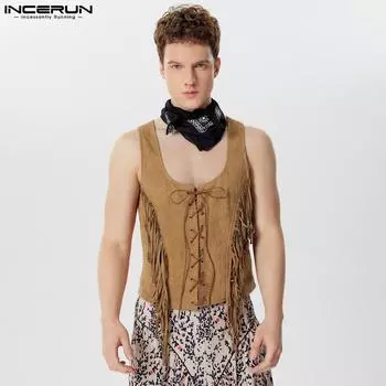 INCERUN Мужские топы без рукавов с кисточками на шнуровке, повседневный жилет для вечеринок, пальто