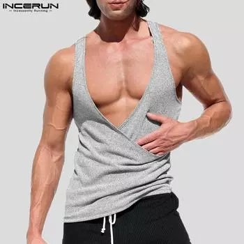 INCERUN Мужские топы без рукавов с крестом спереди, повседневный жилет с ремешком M серый