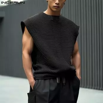 INCERUN мужские топы без рукавов с круглым вырезом, свободные летние майки, жилет 4XL чёрный