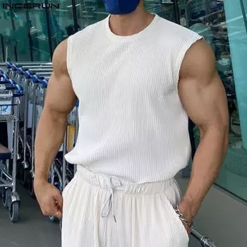 INCERUN мужские топы без рукавов с круглым вырезом в рубчик, летний жилет 3XL чёрный