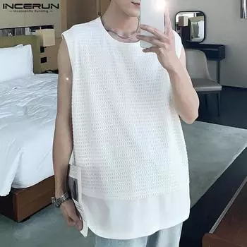 INCERUN мужские топы без рукавов с круглым вырезом в сеточку в стиле пэчворк, ажурный жилет S чёрный