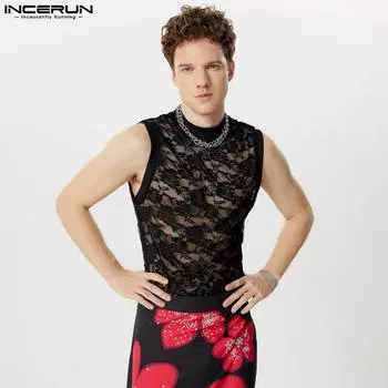 INCERUN Мужские топы без рукавов с кружевным цветочным принтом и воротником-стойкой, летние, приталенные, прозрачные, жилеты 2XL чёрный
