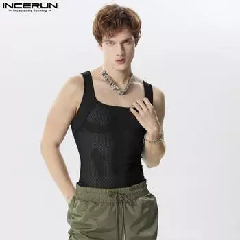 INCERUN мужские топы без рукавов с квадратным вырезом на бретелях, ажурные жилеты