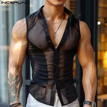 INCERUN Мужские топы без рукавов с пуговицами и лацканами, сетчатые лоскутные сексуальные майки 2XL чёрный