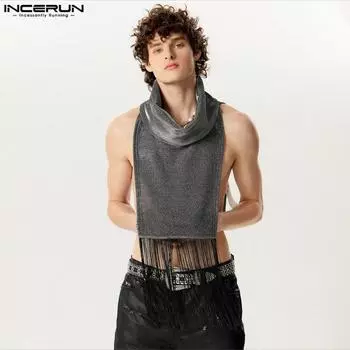 INCERUN Мужские топы без рукавов с шалью и длинными блестящими накидками с кисточками
