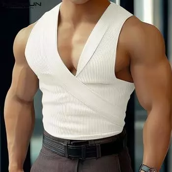 INCERUN Мужские топы без рукавов с V-образным вырезом и лацканами, повседневный трикотажный жилет в рубчик 2XL белый