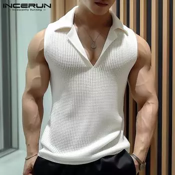 INCERUN мужские топы без рукавов с воротником с лацканами и V-образным вырезом в сеточку 3XL белый