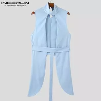 INCERUN Мужские топы без рукавов с высоким и низким вырезом, повседневные ажурные туники, футболки S чёрный