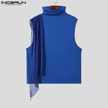 INCERUN Мужские топы без рукавов с высоким воротом в стиле пэчворк, повседневные кружевные летние жилеты с оборками S чёрный