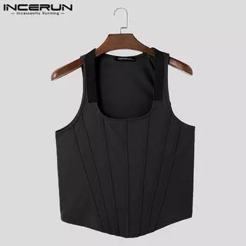 INCERUN Мужские топы-безрукавки с нерегулярной строчкой, обтягивающие, короткие M чёрный