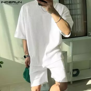 INCERUN, мужские топы из двух предметов с короткими рукавами, шорты с эластичной резинкой на талии, летние костюмы для домашней одежды