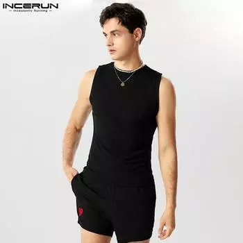 INCERUN, мужские топы из двух предметов с короткими рукавами, шорты с эластичной резинкой на талии, тонкая летняя домашняя одежда, наряды