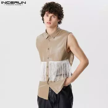 INCERUN мужские топы из искусственной кожи с воротником с лацканами без рукавов с кисточками на пуговицах майки S чёрный