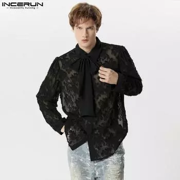 INCERUN Мужские топы из прозрачной сетки с кисточками и воротником с лацканами и длинными рукавами