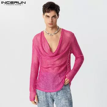 INCERUN Мужские топы из прозрачной сетки с отложным воротником и длинными рукавами