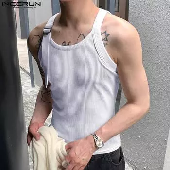 INCERUN Мужские топы-майки без рукавов с регулируемым ремешком и спиной-борцовкой, летние, в рубчик 3XL чёрный