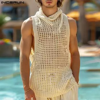 INCERUN Мужские топы-майки с вырезом-хомутиком без рукавов, летние свободные прозрачные жилеты 4XL бежевый