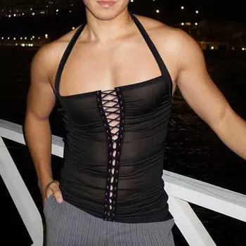 INCERUN Мужские топы на бретелях без рукавов с бандажной сеткой, прозрачные, облегающие S