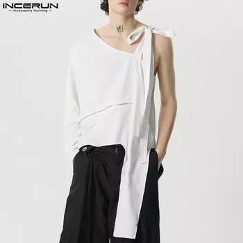 INCERUN Мужские топы на одно плечо с длинным рукавом на шнуровке, футболки нестандартной формы