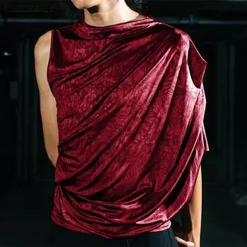 INCERUN Мужские топы на одно плечо с открытой спиной из бархата с блестками и оборками, повседневные футболки S чёрный