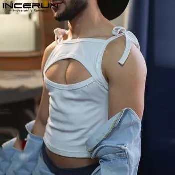 INCERUN Мужские топы на шнуровке с ремешками, облегающие, с вырезами, без рукавов M зелёный