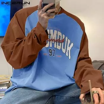 INCERUN Мужские топы-пуловеры с круглым вырезом и длинным рукавом в стиле пэчворк S зелёный