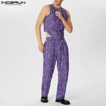 INCERUN Мужские топы с цветочным принтом, костюмы из двух частей, нерегулярные майки, комплекты брюк с эластичной резинкой на талии M фиолетовый